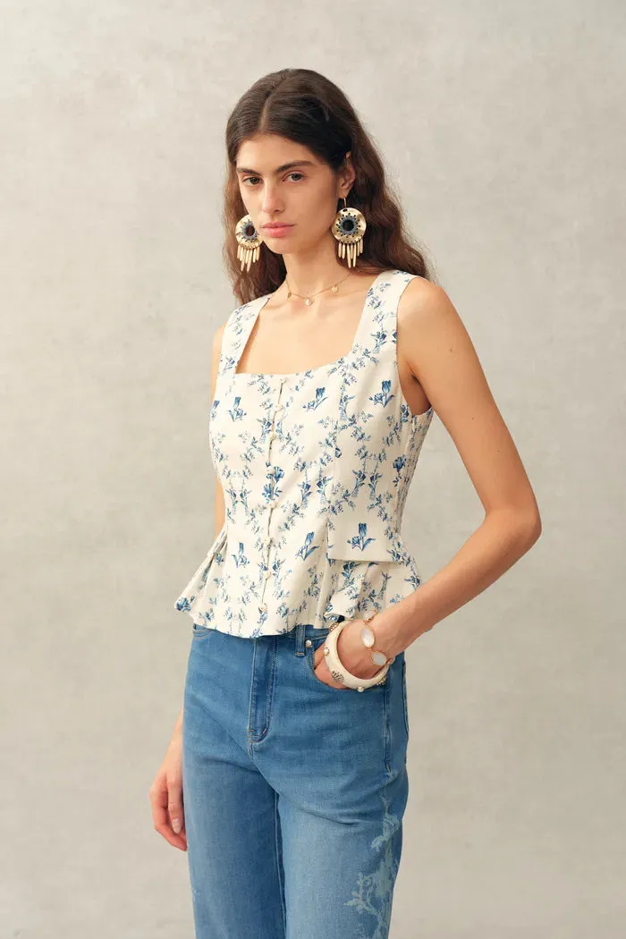 Elara Pleated Floral Square Neck Pearl Button Sleeveless Top and Skirt Set in Linen Blend sold by Fabrique product image thumbnail 2