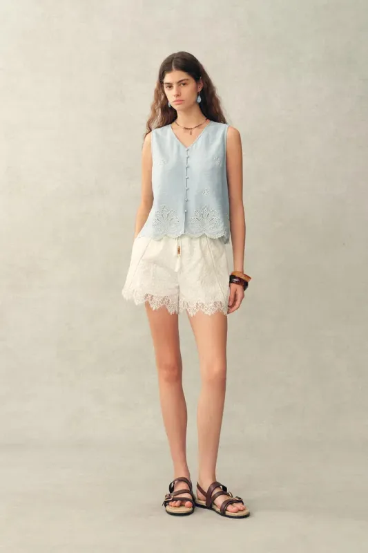 Yori Floral Embroidery V Neck Sleeveless Top in Linen Blend made by Fabrique