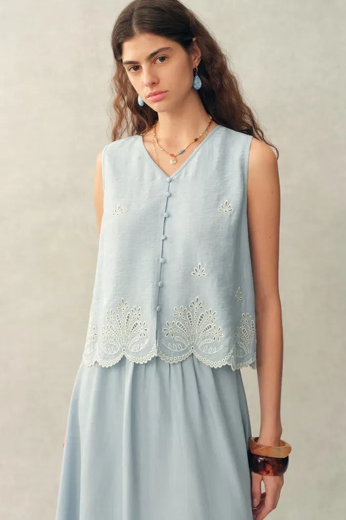 Yori Floral Embroidery V Neck Sleeveless Top in Linen Blend sold by Fabrique product image thumbnail 5