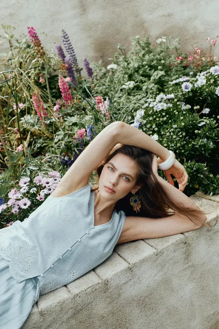 Yori Floral Embroidery V Neck Sleeveless Top in Linen Blend sold by Fabrique product image thumbnail 2