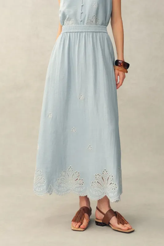 Yori Floral Cutwork Embroidery A Line Maxi Skirt in Linen Blend made by Fabrique