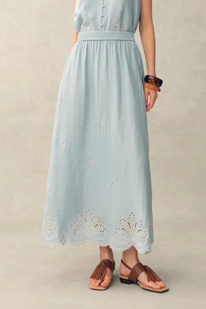 Yori Floral Cutwork Embroidery A Line Maxi Skirt in Linen Blend sold by Fabrique