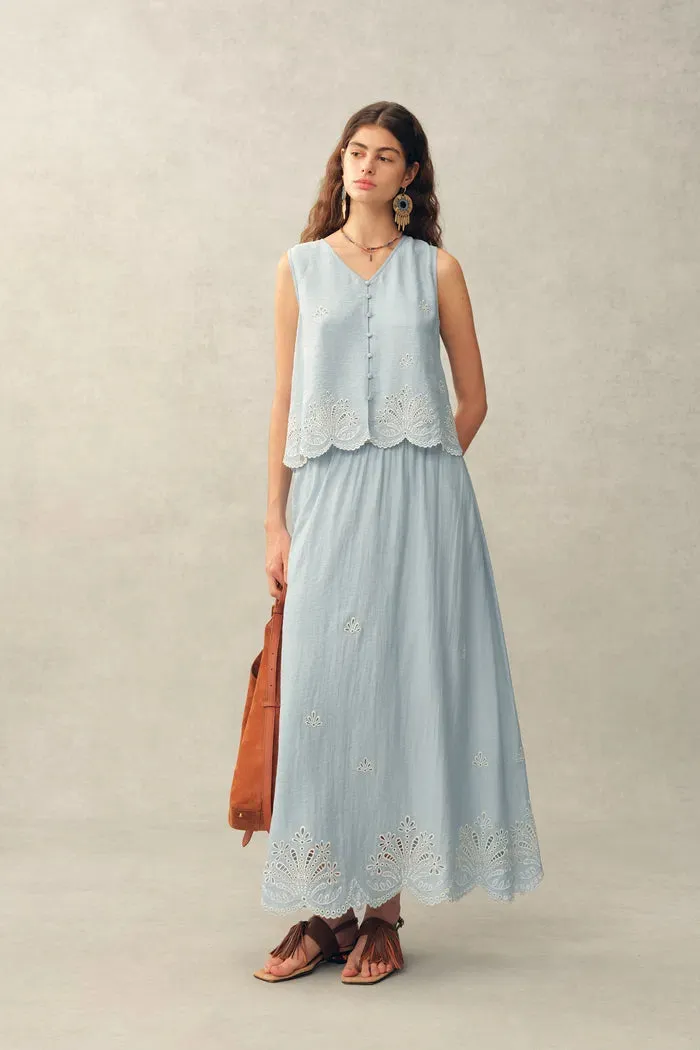 Yori Floral Cutwork Embroidery A Line Maxi Skirt in Linen Blend sold by Fabrique product image thumbnail 2