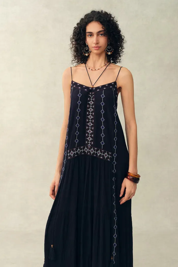 Bailey Boho Embroidered Cross Back Straps Sleeveless Dress in Crinkled Georgette sold by Fabrique product image thumbnail 3