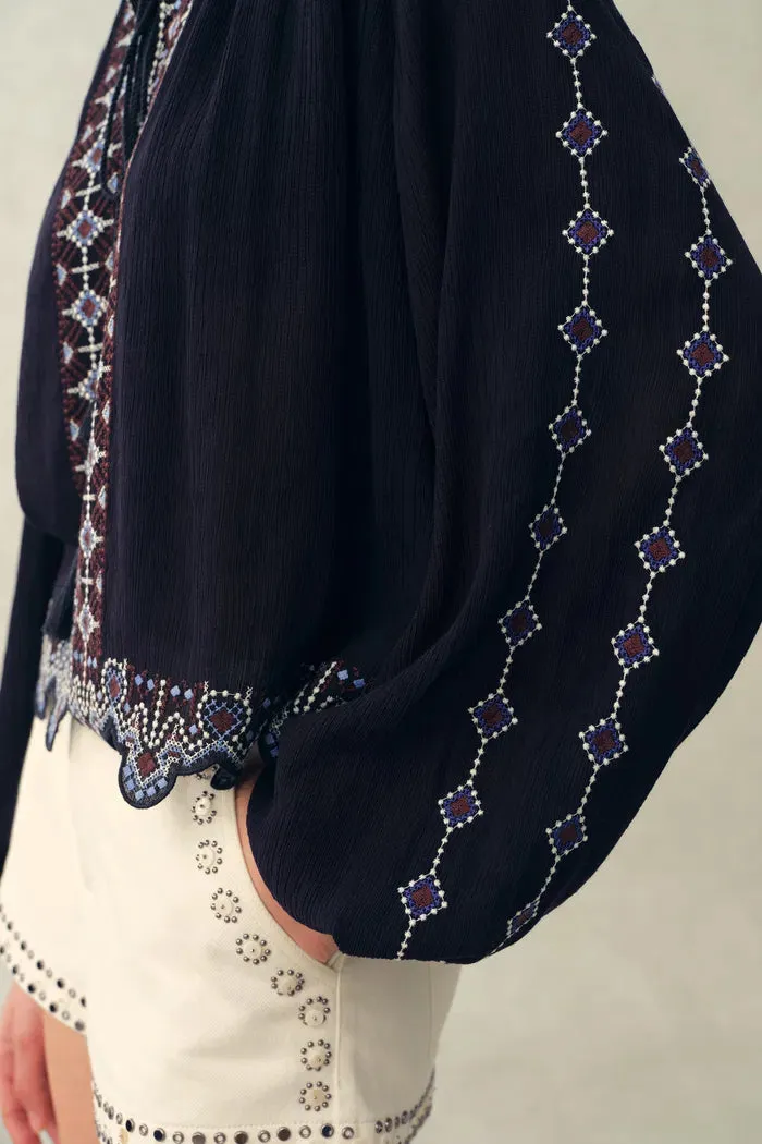 Blair Boho Embroidered Sheer Lace Puff Sleeve Blouse in Crinkled Georgette sold by Fabrique product image thumbnail 5