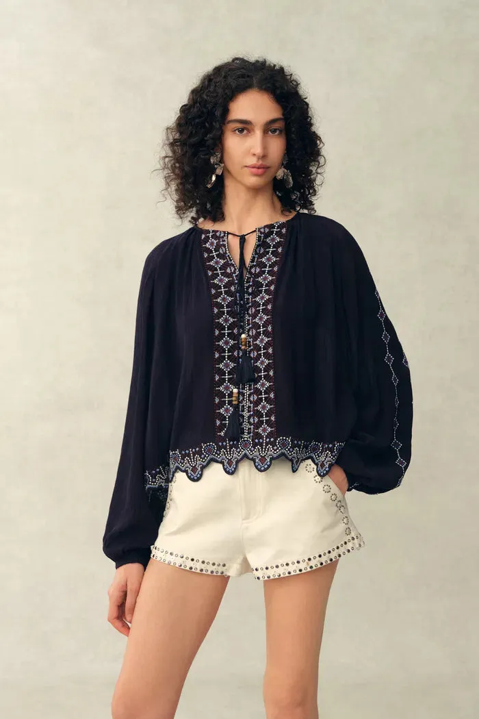 Blair Boho Embroidered Sheer Lace Puff Sleeve Blouse in Crinkled Georgette sold by Fabrique product image thumbnail 2