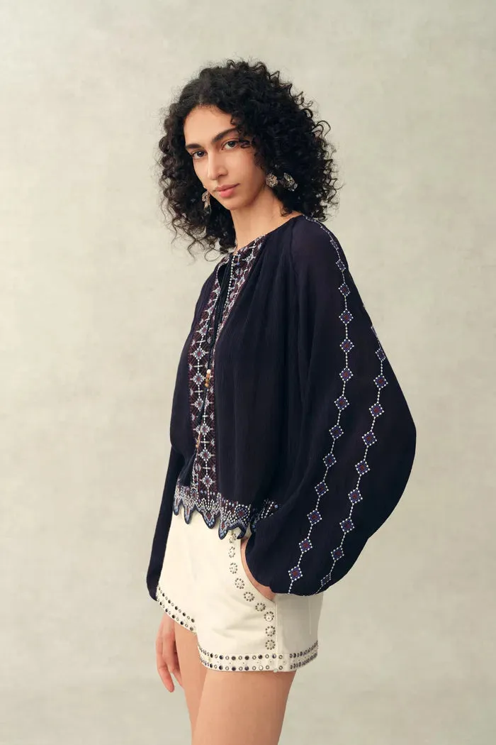 Blair Boho Embroidered Sheer Lace Puff Sleeve Blouse in Crinkled Georgette sold by Fabrique product image thumbnail 3