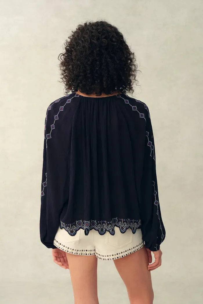 Blair Boho Embroidered Sheer Lace Puff Sleeve Blouse in Crinkled Georgette sold by Fabrique product image thumbnail 4