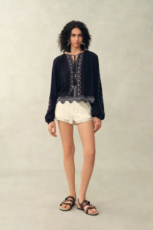 Blair Boho Embroidered  Sheer Lace Puff Sleeve Blouse in Crinkled Georgette made by Fabrique