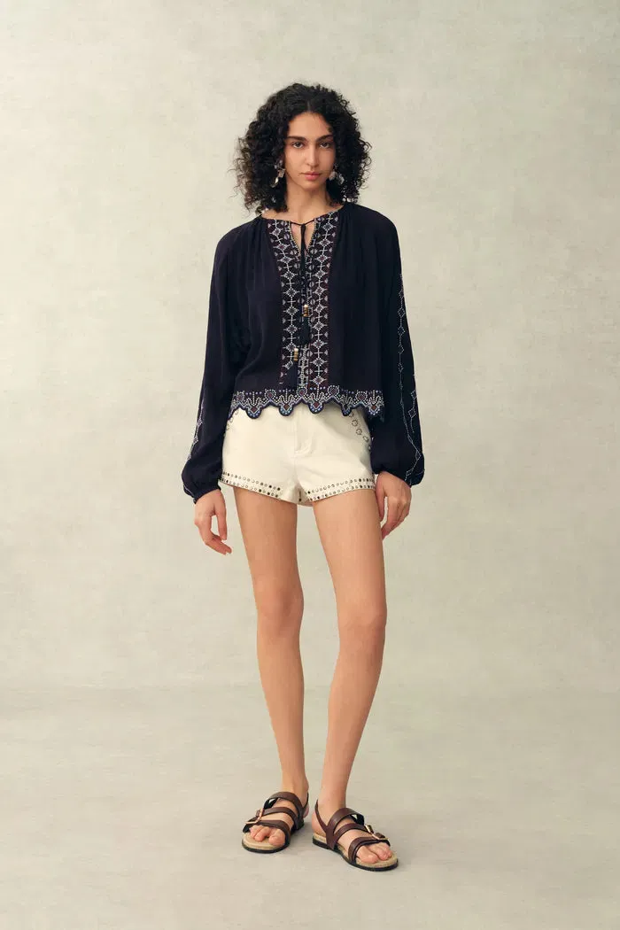 Blair Boho Embroidered Sheer Lace Puff Sleeve Blouse in Crinkled Georgette sold by Fabrique