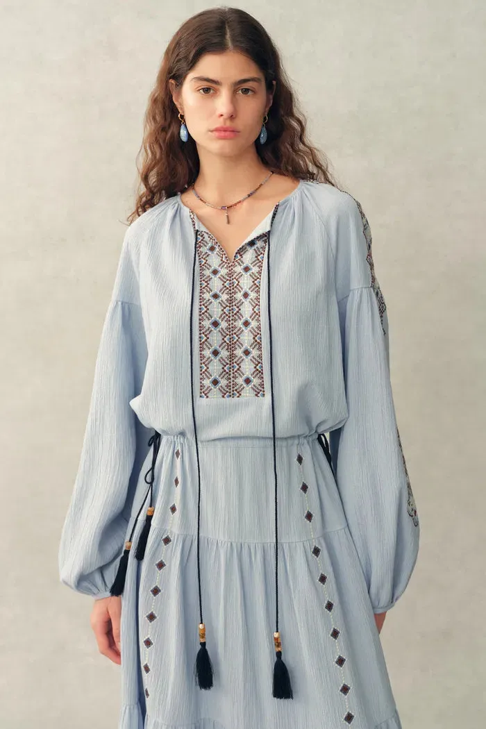 Briana Boho Embroidered Drawstring Long Puff Sleeve Dress in Cotton Crinkle Gauze sold by Fabrique product image thumbnail 3