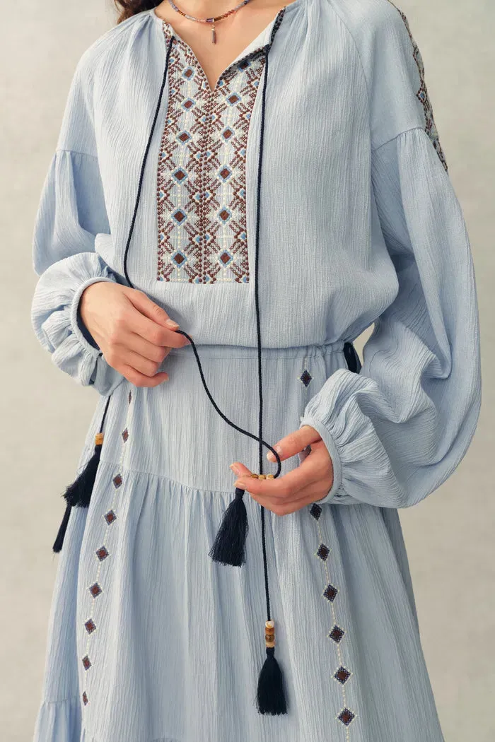 Briana Boho Embroidered Drawstring Long Puff Sleeve Dress in Cotton Crinkle Gauze sold by Fabrique product image thumbnail 4