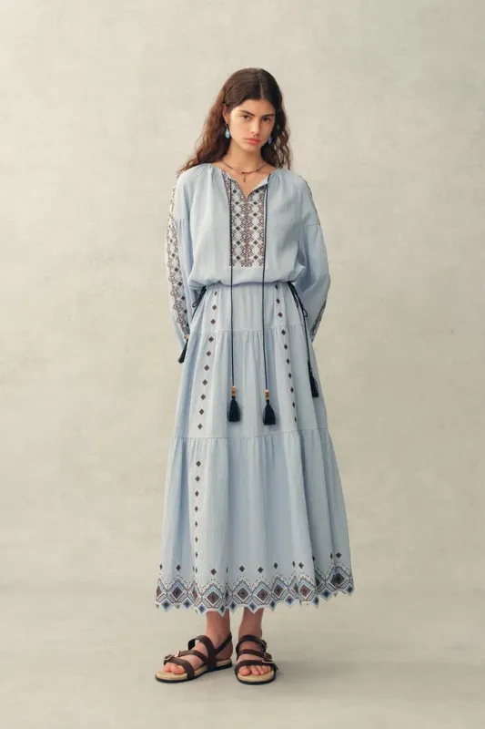 Briana Boho Embroidered Drawstring Long Puff Sleeve Dress in Cotton Crinkle Gauze made by Fabrique