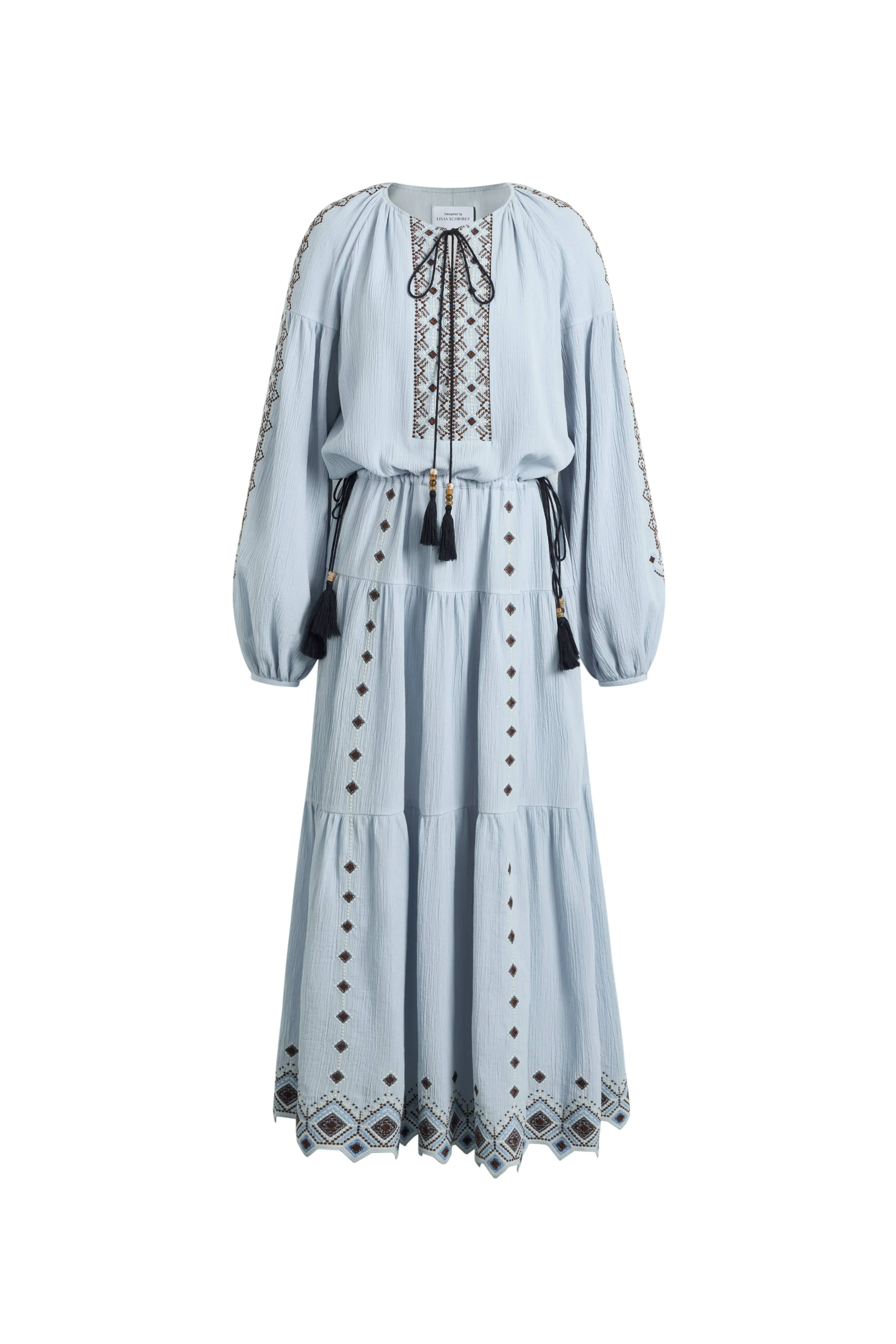 Briana Boho Embroidered Drawstring Long Puff Sleeve Dress in Cotton Crinkle Gauze sold by Fabrique product image thumbnail 5