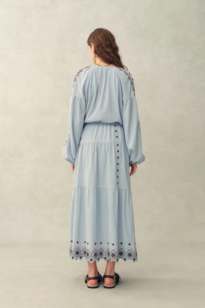 Briana Boho Embroidered Drawstring Long Puff Sleeve Dress in Cotton Crinkle Gauze sold by Fabrique product image thumbnail 2
