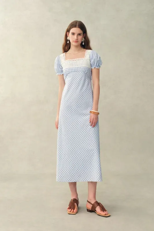 Gisele Lace Panel Checkered Square Neck Puff Sleeve Dress in Cotton made by Fabrique