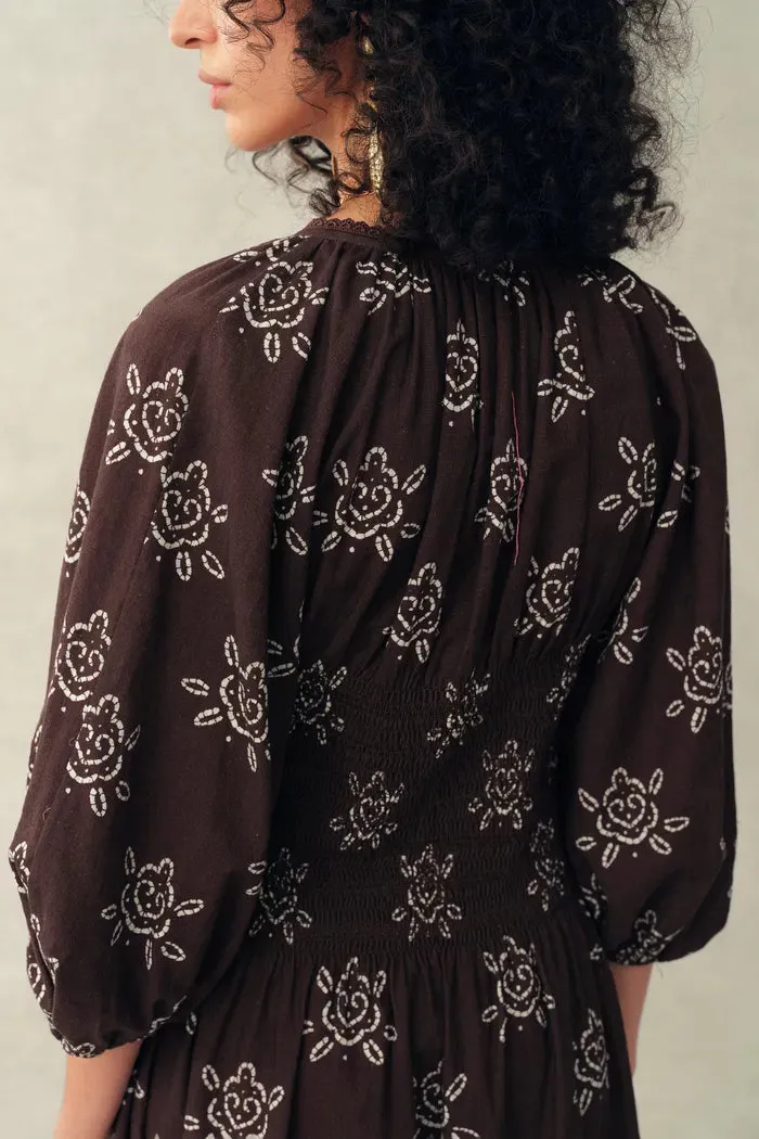 Cleo Smocked Handpainted Floral Puff Sleeve Midi Dress in Cotton sold by Fabrique product image thumbnail 5