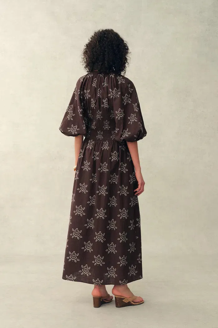 Cleo Smocked Handpainted Floral Puff Sleeve Midi Dress in Cotton sold by Fabrique product image thumbnail 2