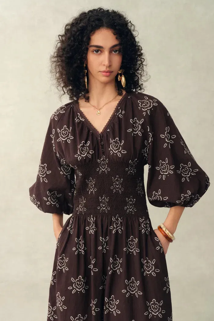 Cleo Smocked Handpainted Floral Puff Sleeve Midi Dress in Cotton sold by Fabrique product image thumbnail 3