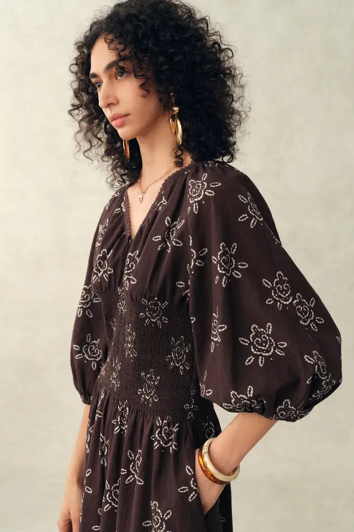 Cleo Smocked Handpainted Floral Puff Sleeve Midi Dress in Cotton sold by Fabrique product image thumbnail 4