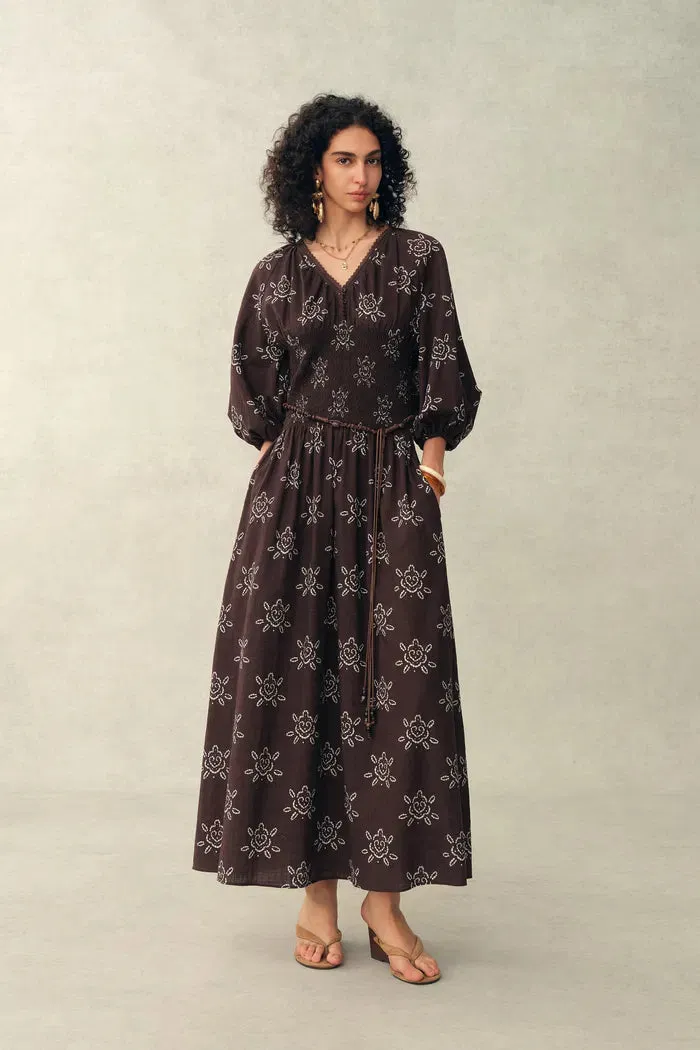 Cleo Smocked Handpainted Floral Puff Sleeve Midi Dress in Cotton sold by Fabrique
