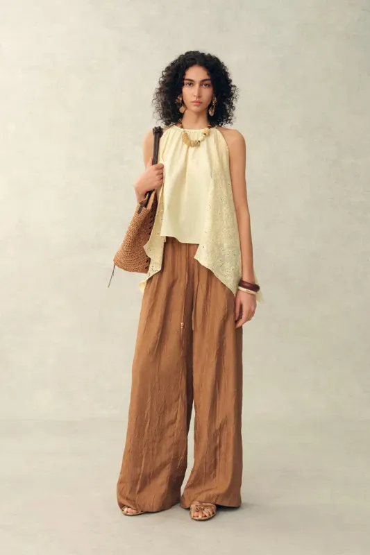 Hazel Lace Panel Halterneck Sleeveless Top in Silk Cotton Blend made by Fabrique