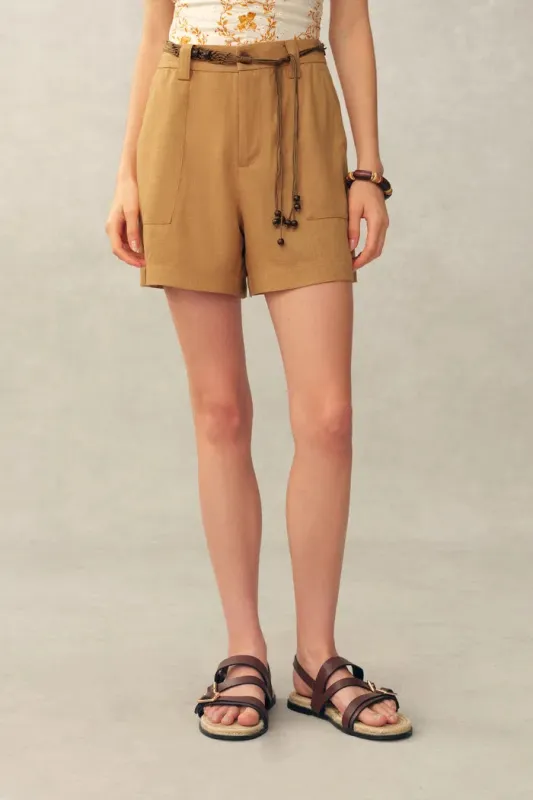 Billie Beaded Belt Tailored Shorts in Linen-Blend Suiting made by Fabrique