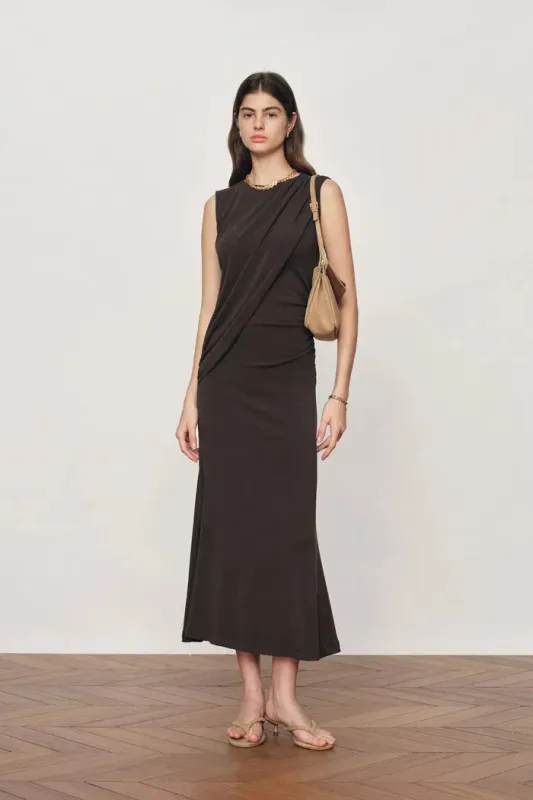 Raina Asymmetric Draped Sleeveless Fitted Dress in Cotton Modal Knit made by Fabrique