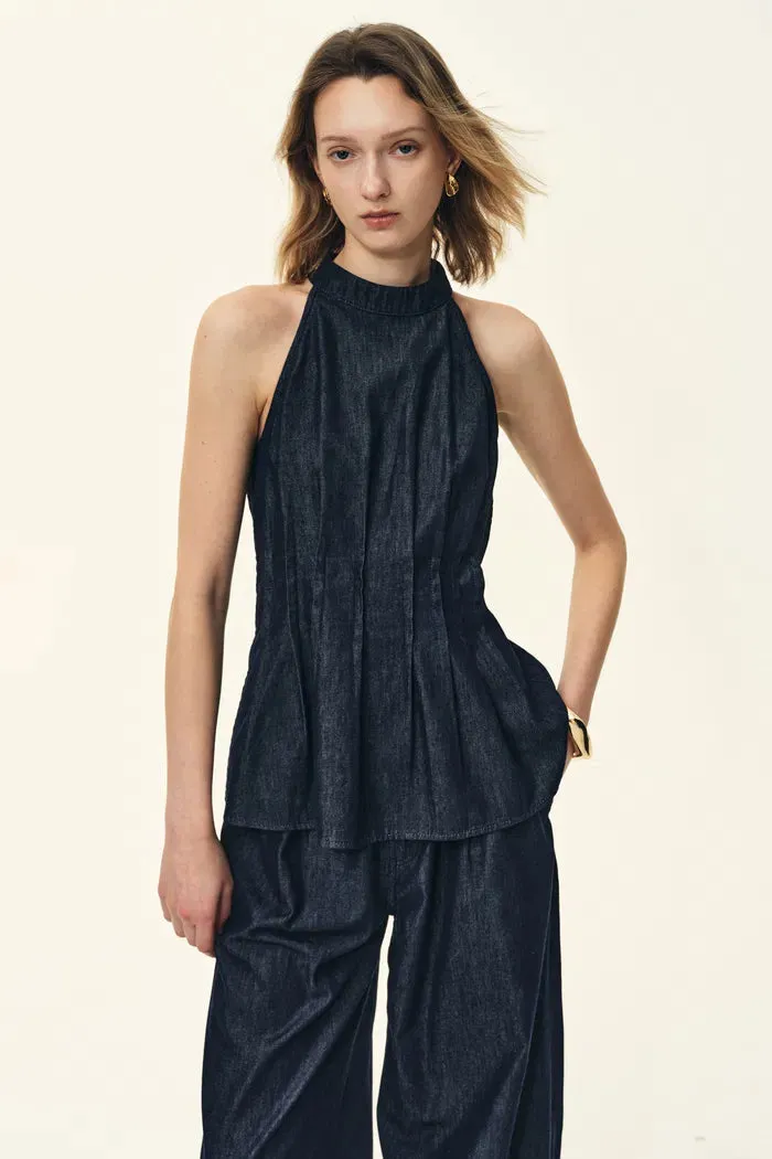 Brooke Handwork Pleats Halter Neck Top in Acetate Tencel Denim sold by Fabrique product image thumbnail 3