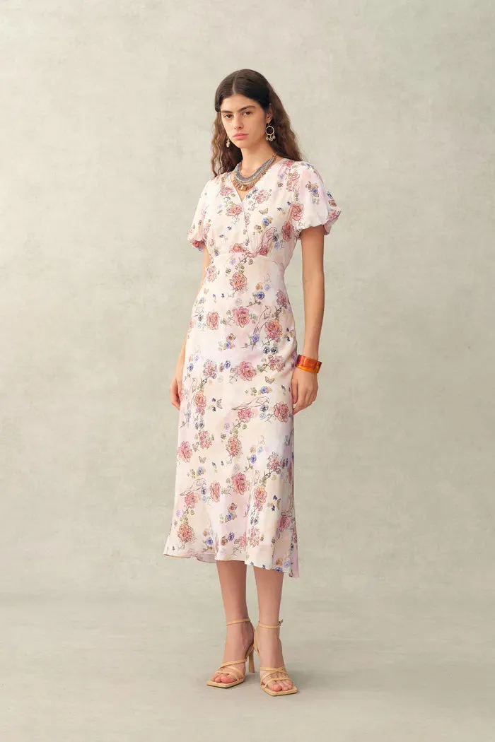 Coco Handpainted Floral Puff Sleeve Cinched Dress in Crinkle Gauze sold by Fabrique product image thumbnail 3