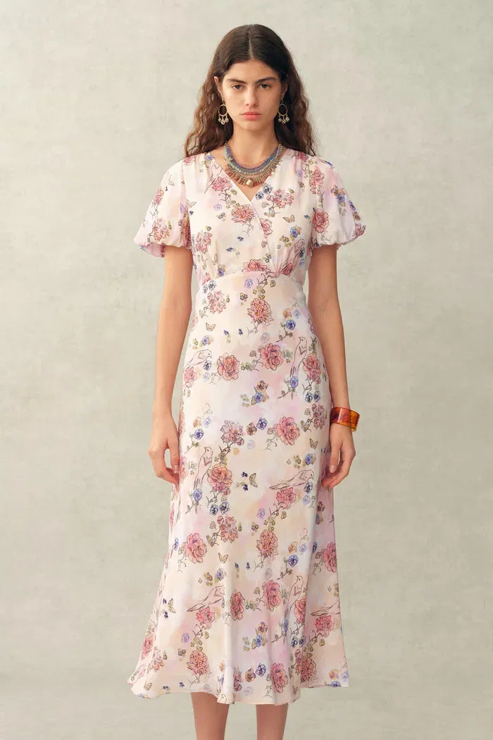 Coco Handpainted Floral Puff Sleeve Cinched Dress in Crinkle Gauze sold by Fabrique product image thumbnail 4