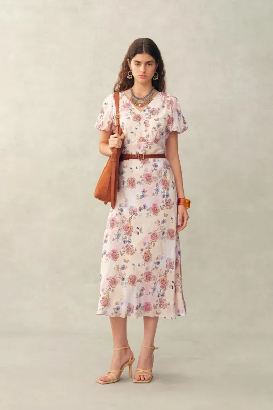 Coco Handpainted Floral Puff Sleeve Cinched Dress in Crinkle Gauze made by Fabrique