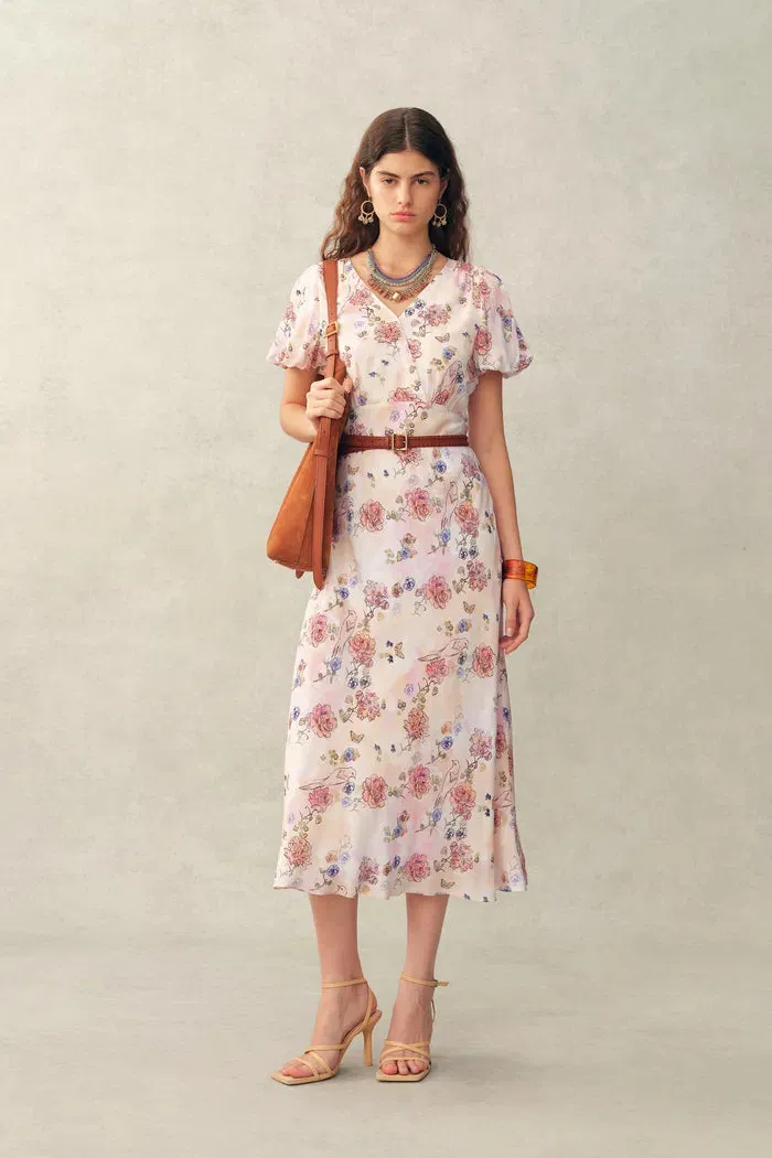 Coco Handpainted Floral Puff Sleeve Cinched Dress in Crinkle Gauze sold by Fabrique