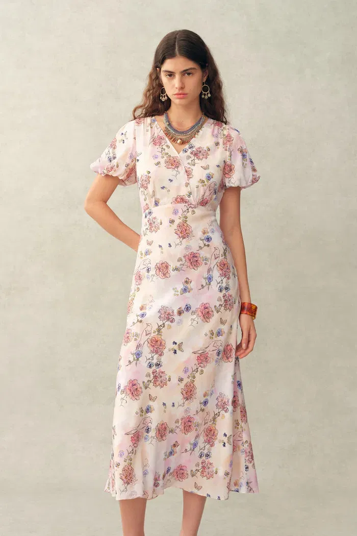Coco Handpainted Floral Puff Sleeve Cinched Dress in Crinkle Gauze sold by Fabrique product image thumbnail 5