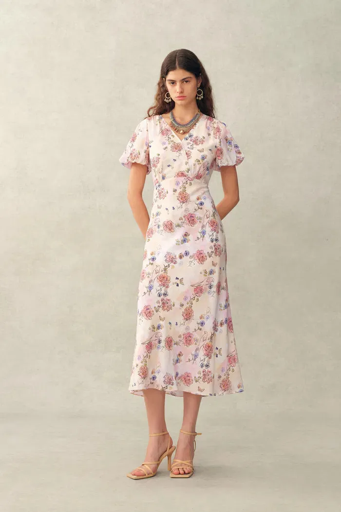 Coco Handpainted Floral Puff Sleeve Cinched Dress in Crinkle Gauze sold by Fabrique product image thumbnail 2