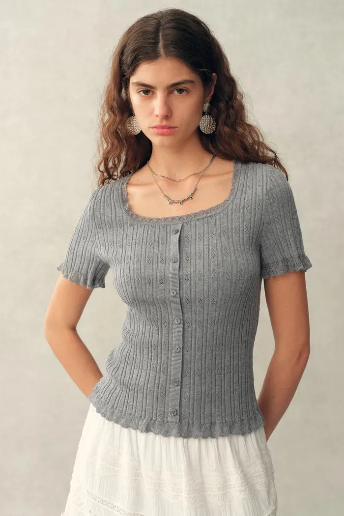 Mia Pointelle Square Neck Short Sleeve Cardigan in Cotton Knit sold by Fabrique product image thumbnail 2