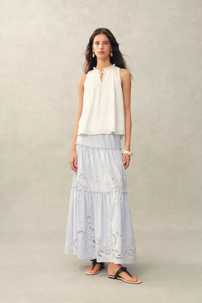 Rosalind Ruffle Neck Tie Front Sleeveless Top in Bubble Cotton sold by Fabrique product image thumbnail 3