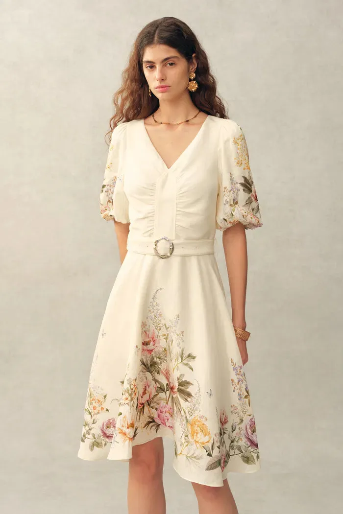 Eve Handpainted Floral Belted Puff Sleeves Dress in Silk Linen Blend sold by Fabrique product image thumbnail 3