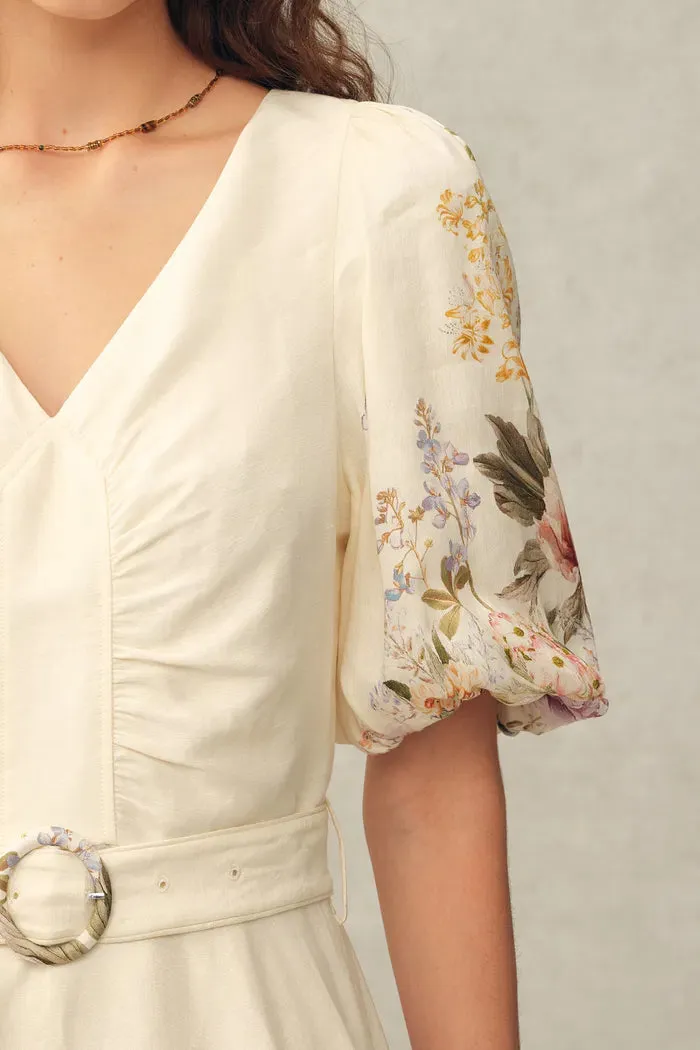 Eve Handpainted Floral Belted Puff Sleeves Dress in Silk Linen Blend sold by Fabrique product image thumbnail 4