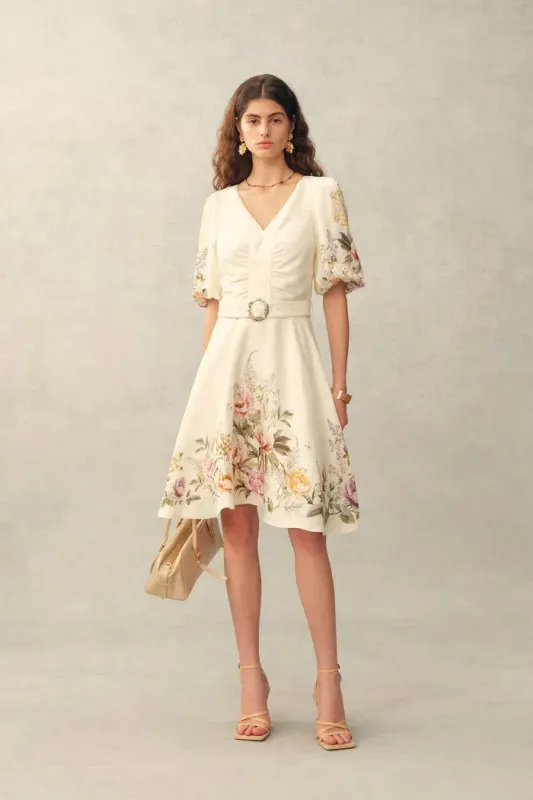 Eve Handpainted Floral Belted Puff Sleeves Dress in Silk Linen Blend made by Fabrique
