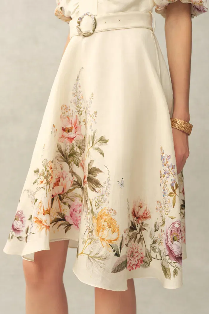 Eve Handpainted Floral Belted Puff Sleeves Dress in Silk Linen Blend sold by Fabrique product image thumbnail 5