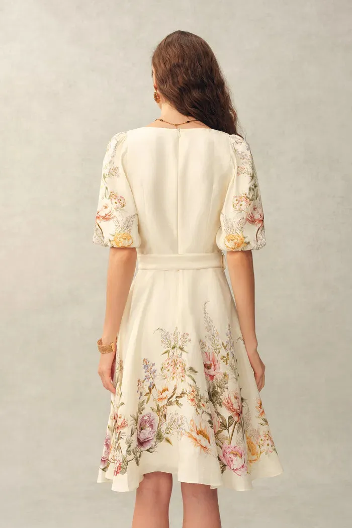 Eve Handpainted Floral Belted Puff Sleeves Dress in Silk Linen Blend sold by Fabrique product image thumbnail 2