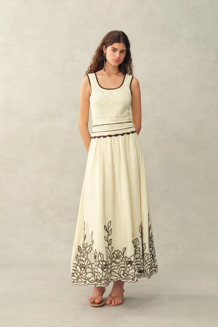 Vittra Embroidery and Woven Sleeveless Dress in Crochet with Cotton Linen Knit sold by Fabrique