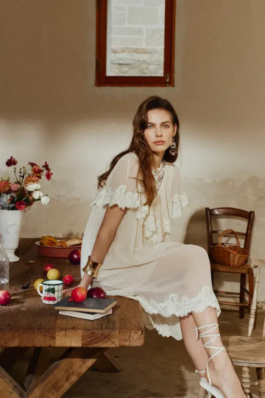 Sophia Lace Embroidery Capelet Short Sleeve Dress in Silk Blend Crinkled Georgette made by Fabrique