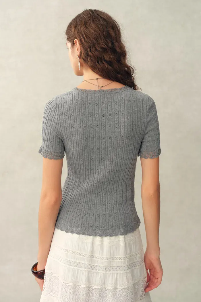 Mia Pointelle Square Neck Short Sleeve Cardigan in Cotton Knit sold by Fabrique product image thumbnail 4