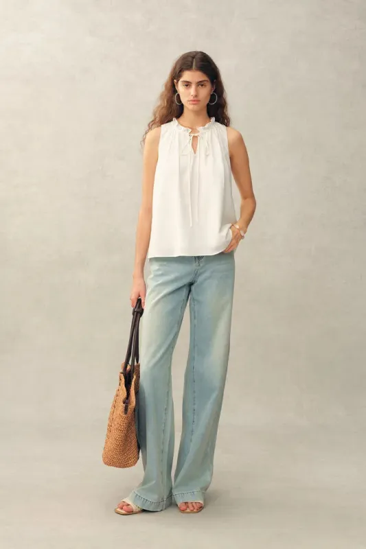 Rosalind Ruffle Neck Tie Front Sleeveless Top in Lightweight Lyocell Fabric made by Fabrique