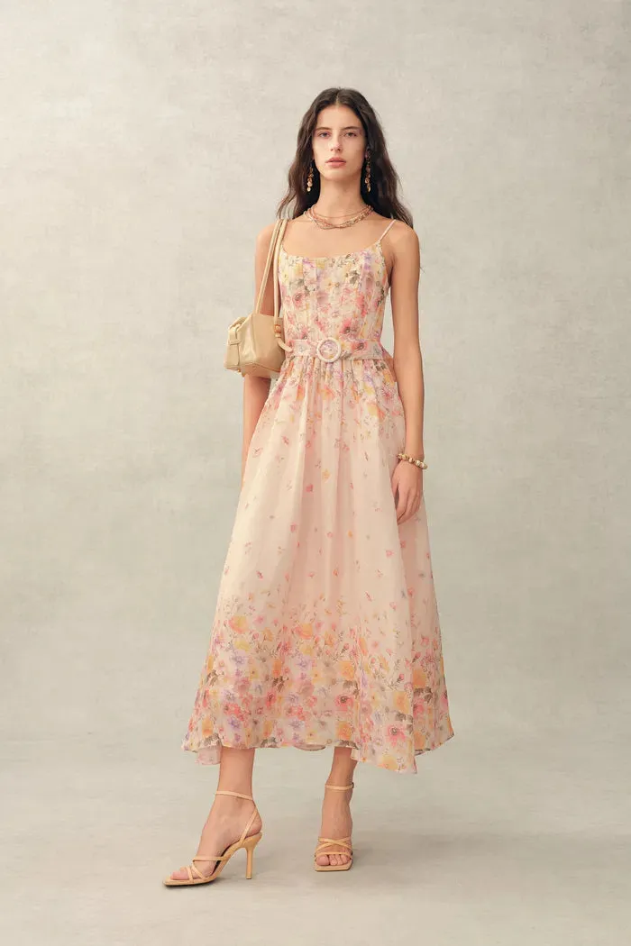 Lilac Handpainted Floral Smocked Belted Strap Dress in Silk Linen Organza sold by Fabrique product image thumbnail 5