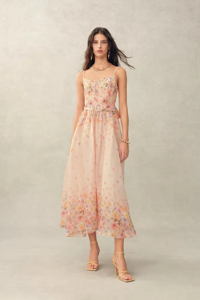 Lilac Handpainted Floral Smocked Belted Strap Dress in Silk Linen Organza sold by Fabrique product image thumbnail 2