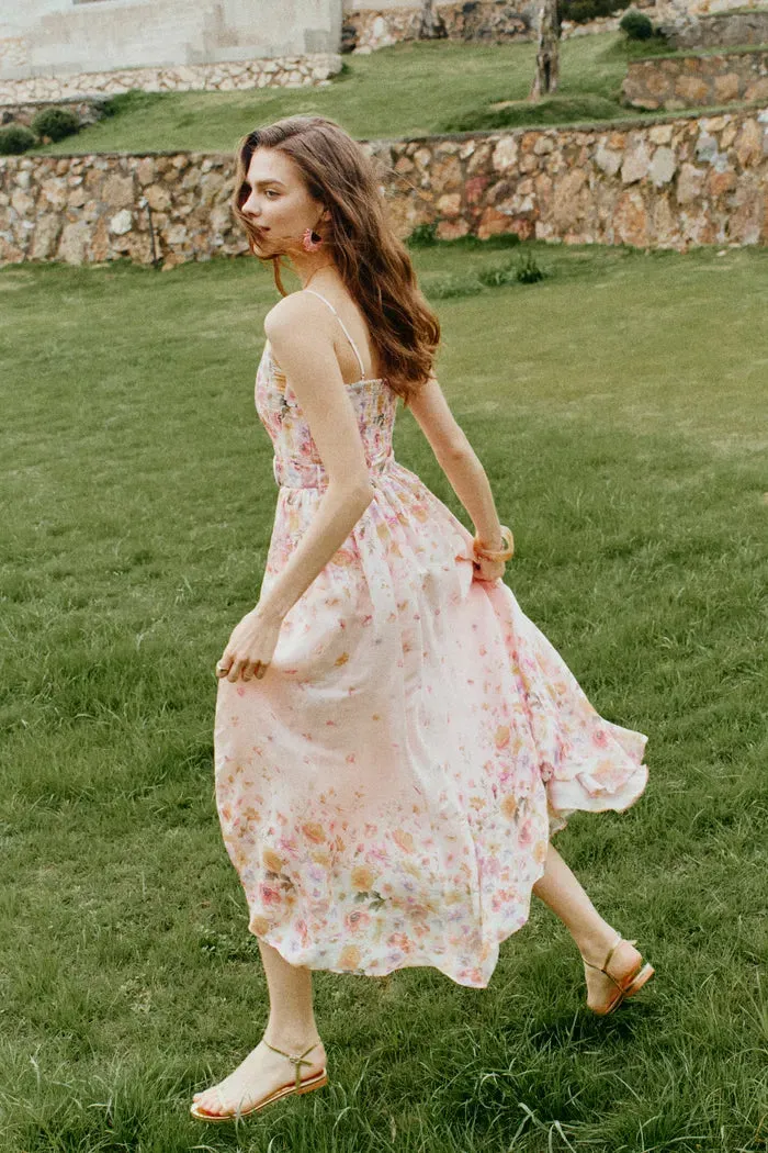 Lilac Handpainted Floral Smocked Belted Strap Dress in Silk Linen Organza sold by Fabrique product image thumbnail 3