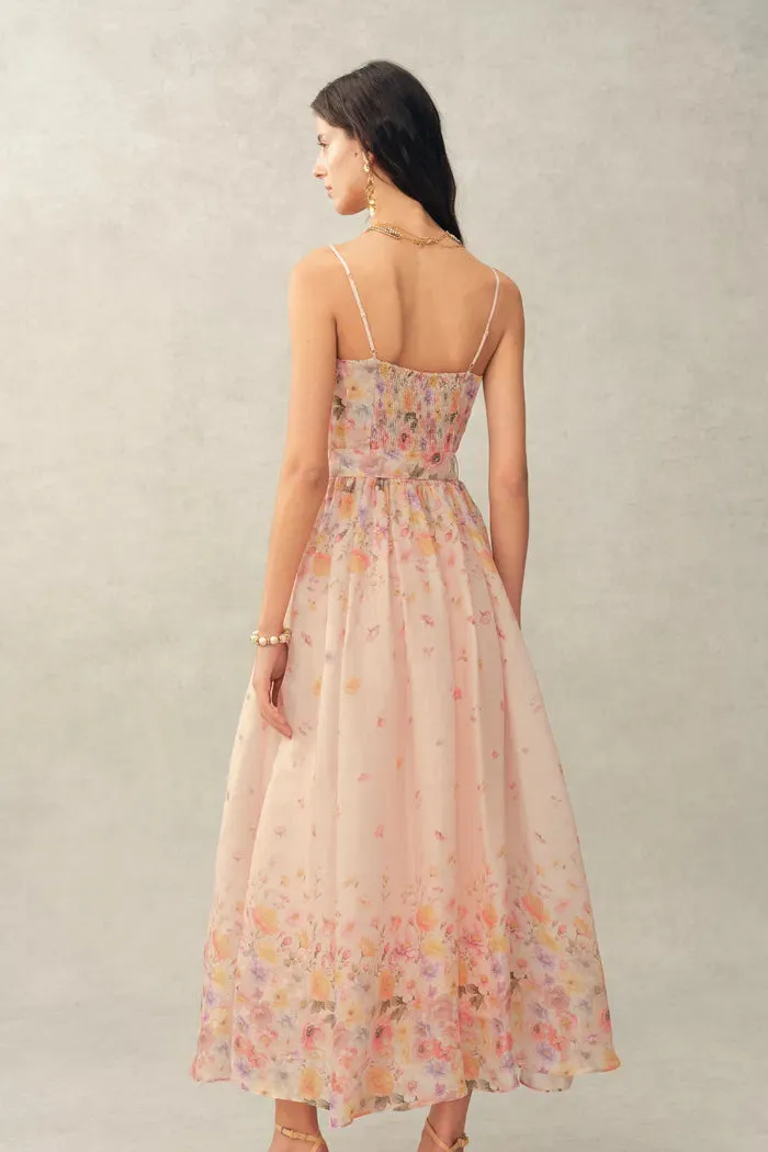 Lilac Handpainted Floral Smocked Belted Strap Dress in Silk Linen Organza sold by Fabrique product image thumbnail 4